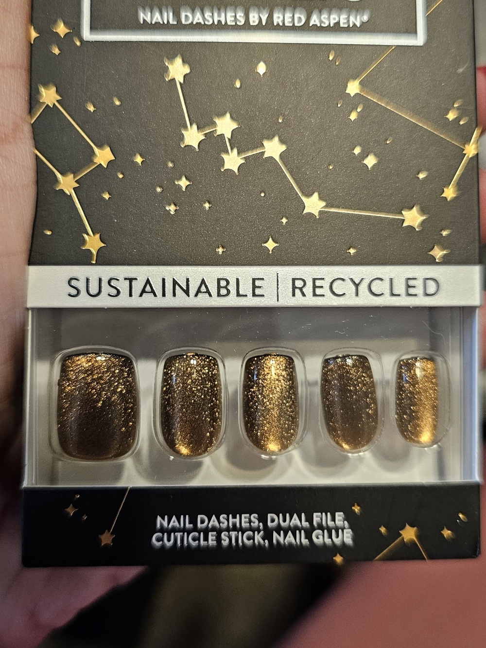 Red Aspen Gold Glitter Press-On Nail Dashes – Sustainable Recycled Set